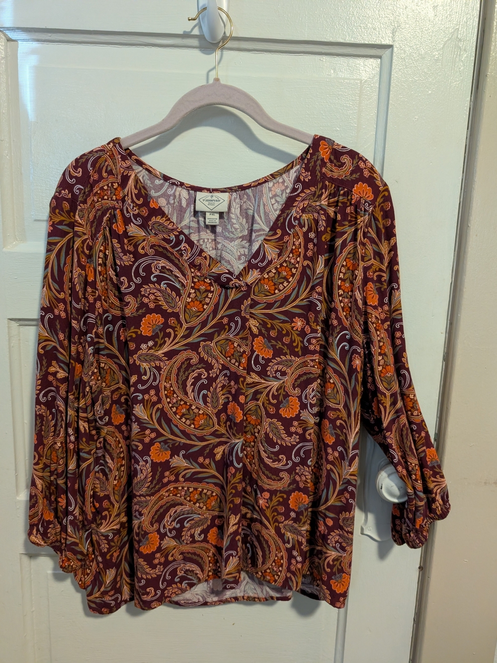 Boho Chic Paisley V-Neck Rayon Blouse Maroon with Orange Floral Print Petite XL